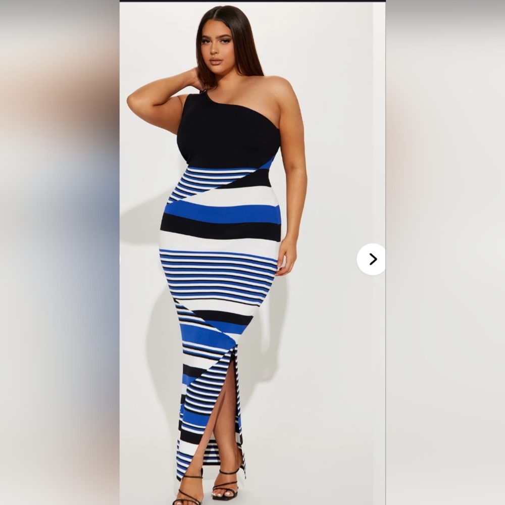 One-Shoulder Striped Maxi Dress in Black and Blue